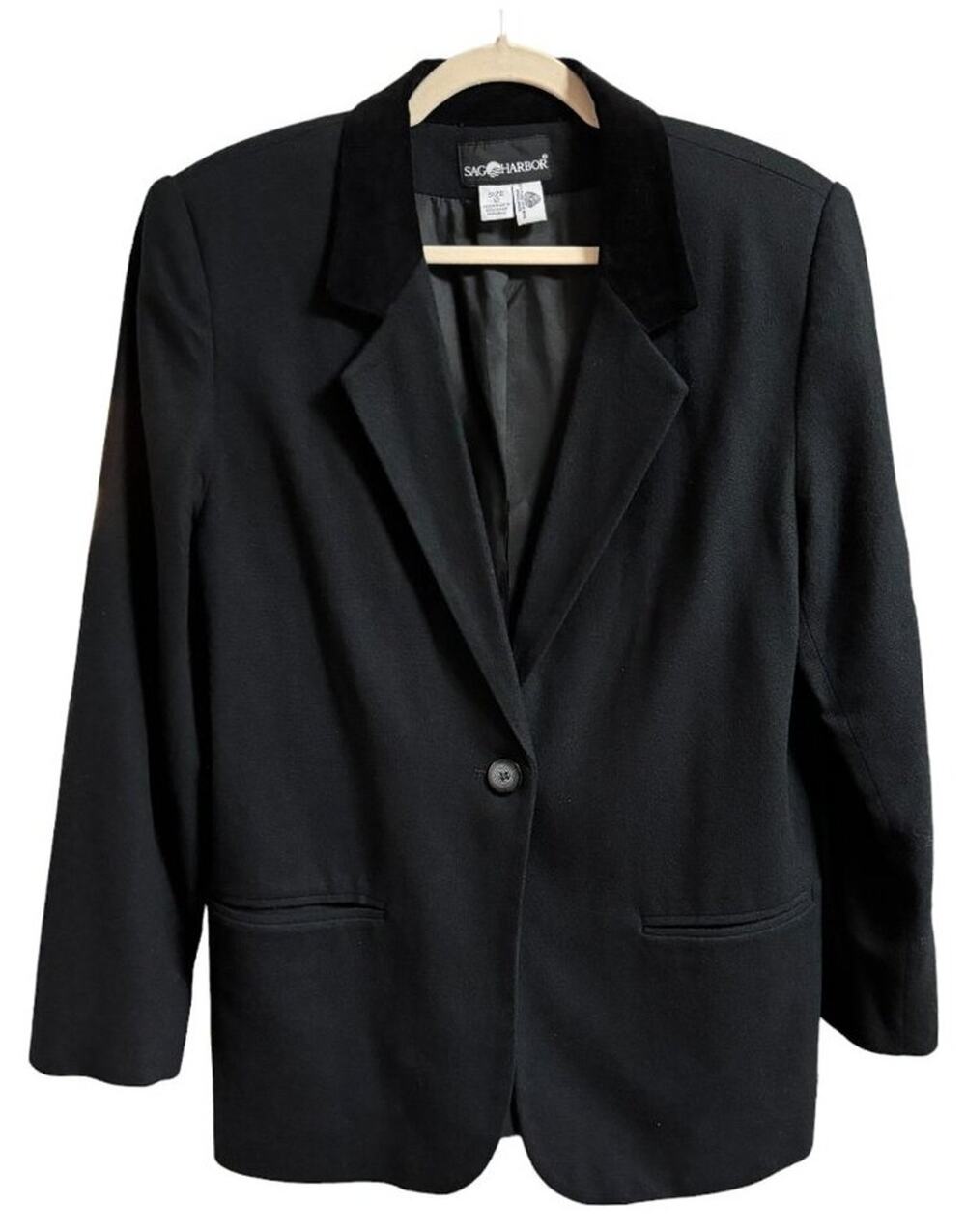 VTG SAG HARBOR 100% Wool Velvet Collar Black Boyfriend Blazer 80s 90s SZ 12